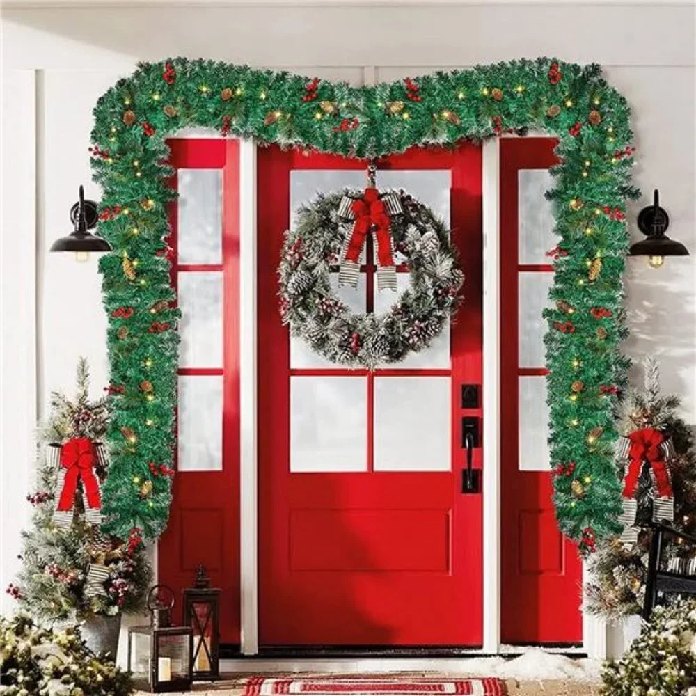 9 Foot Christmas Lighted Garland w/ Lights, Pre Lit Garland Wreath for Indoor